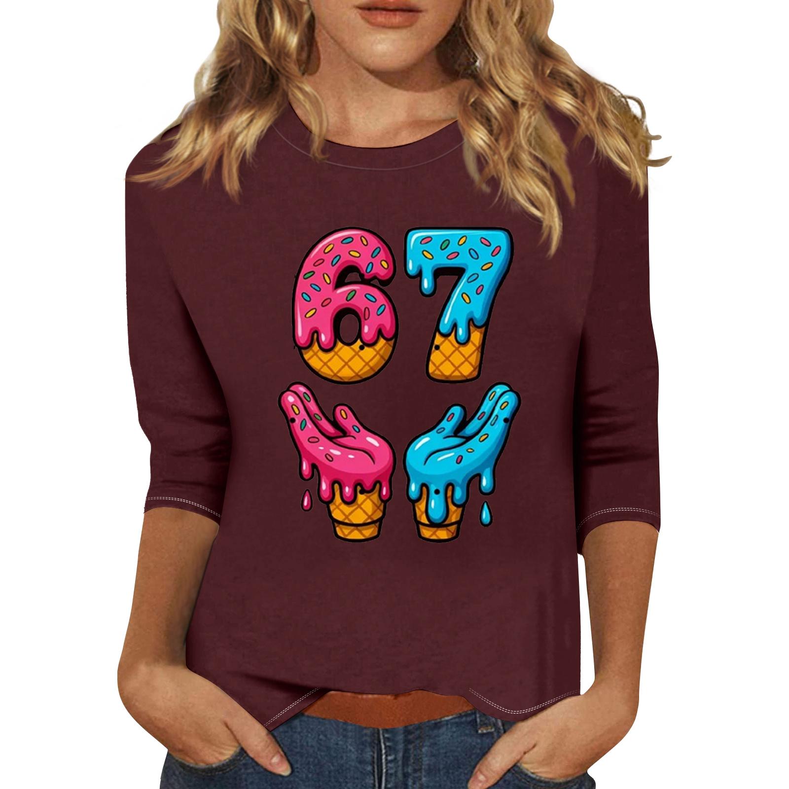 

Women s Fashionable Casual Three-Quarter Sleeve Printed Neck T-Shirt Top S винный
