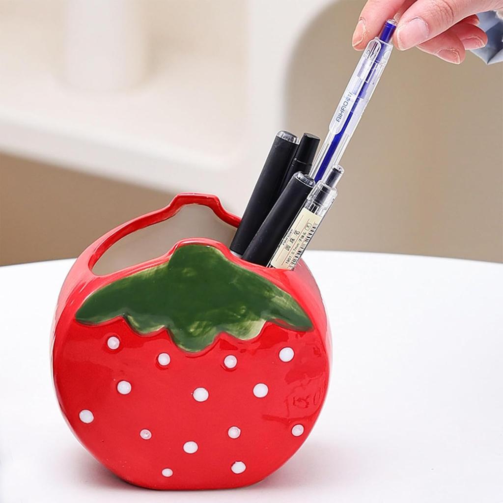 Toothbrush Holder Strawberry Pen Holder for Desk Cute Pink Vase Decor Makeup Brush Pencil Holder Kawaii Desk Accessories Aesthetic Office Home Decor