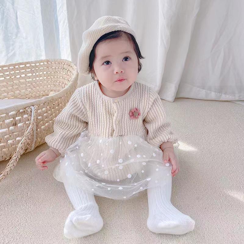Korean Style Baby Girl Double-Layer Romper for Spring & Autumn - Sweet Temperament Outfit for 100-Day Celebrations & Outings