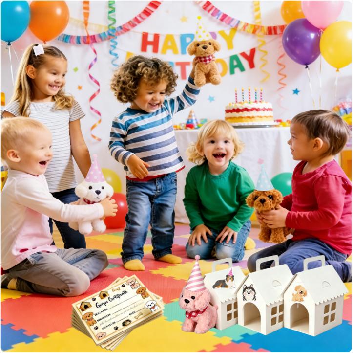 8-24Set Teddy Dogs DIY Adopt A Puppy Party Favors Mini Plush Puppy Stuffed Dogs with House and Stickers for Birthday Party Gifts