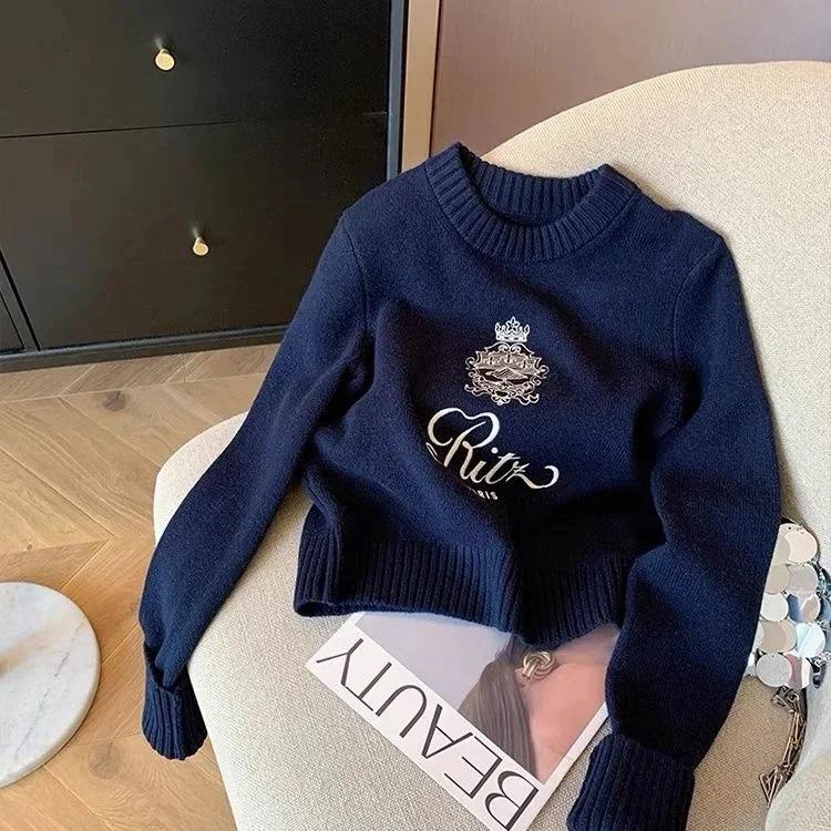 

Вышитые буквы свитер свитер женский весна осень круглый вырез длинный рукав трикотаж джемпер женский корейский повседневный принт дизайн топы S синий