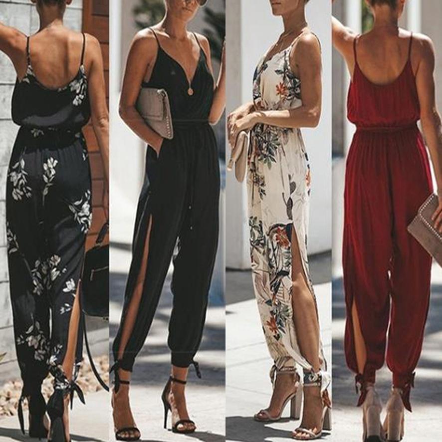 

женщины Цветок Печатные Слинг V Шея Backless Drawstring кружева деятельности Тонкий комбинезон с карманом