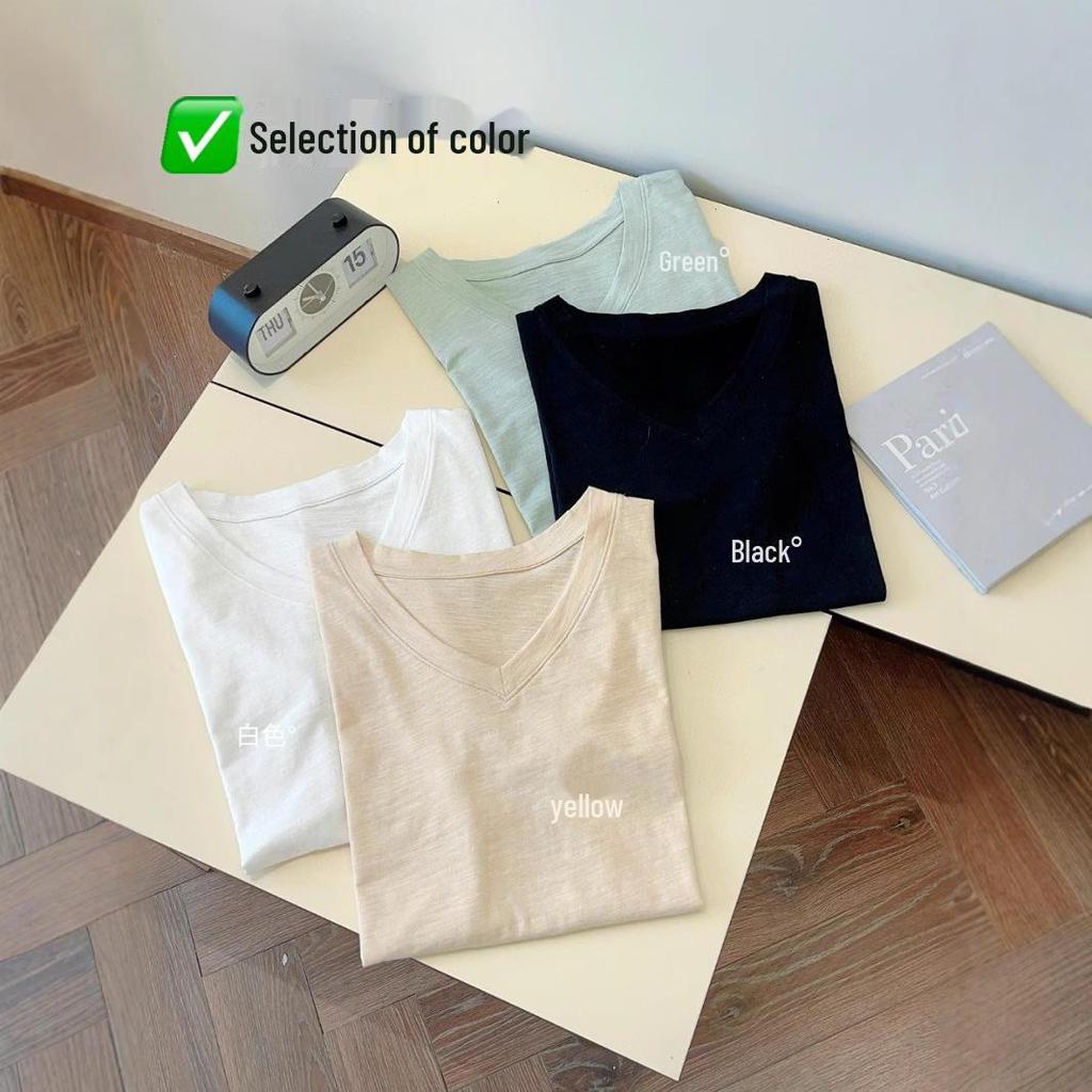 Kadın Slim Fit V Yaka Bambu Pamuk Kısa Kollu Yazlık Üst