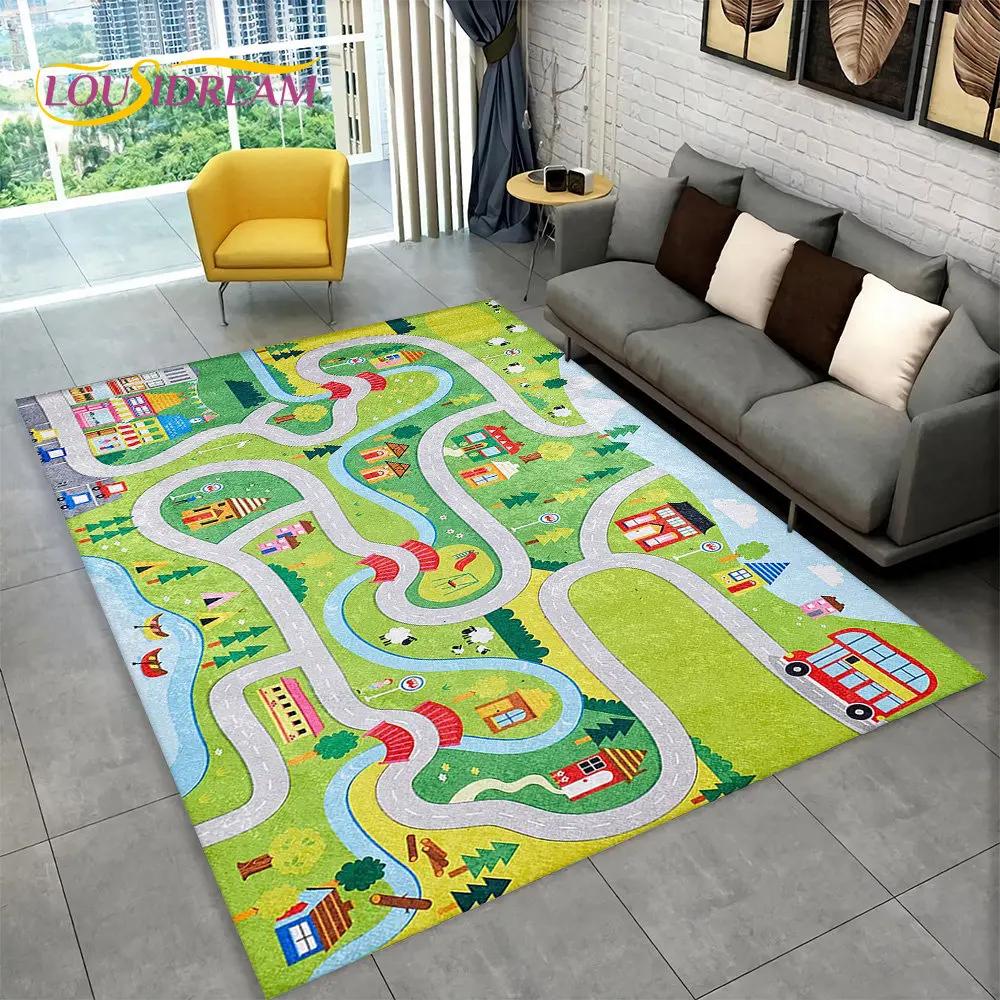 Highway City Traffic Cartoon Area Rug,Carpet Rug for Living Room Playroom Children's Bedroom Decor,Kid Game Non-slip Floor Mat