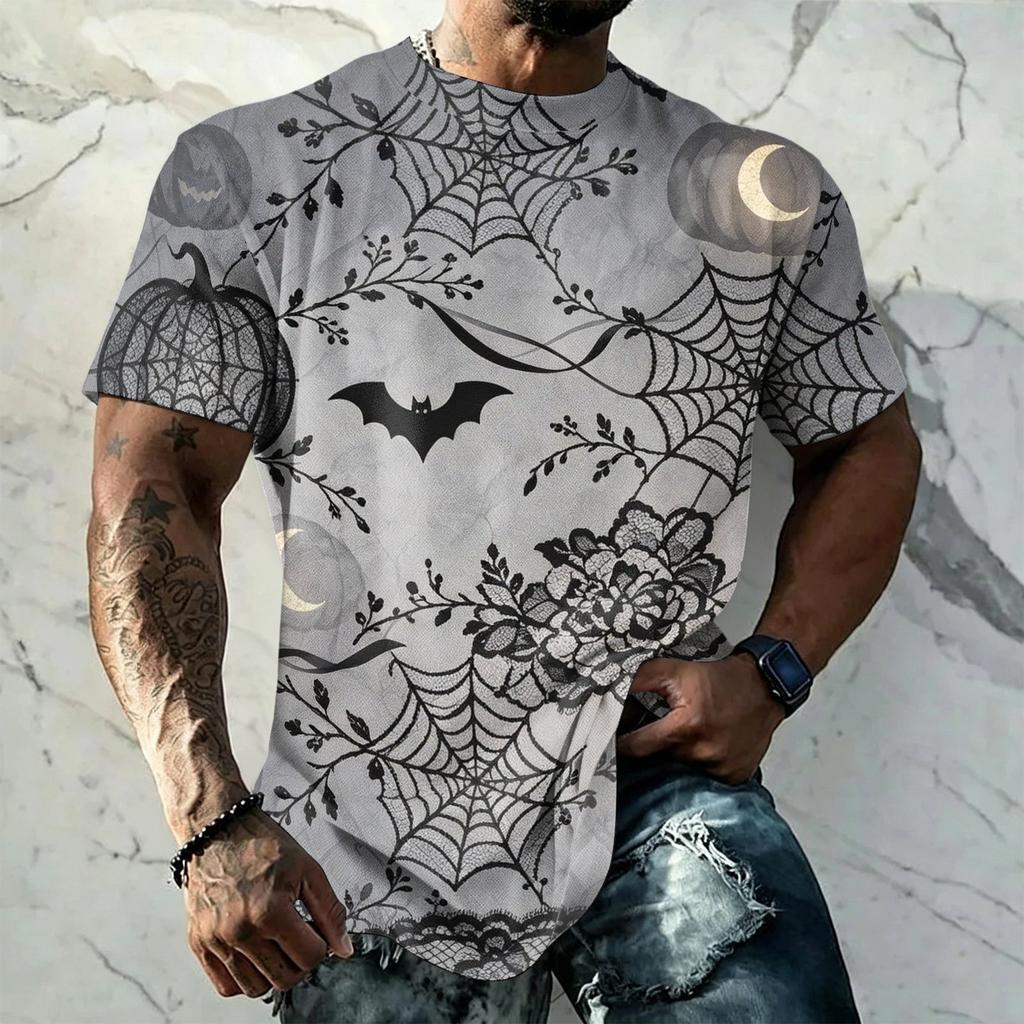 Men's Halloween Vintage Short Sleeve T Shirt Loose Breathable Summer Sports Streetwear Casual Daily Top with Pumpkin and Bat Print
