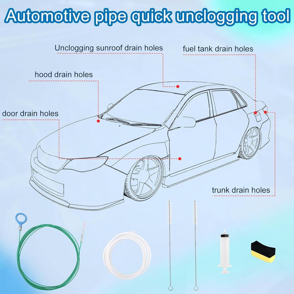Car Sunroof Drain Cleaning Tool, Extra Long Flexible Wire Cleaner Unclogger With Straight Brush Syringe Leather Hose & Sponge For Auto Sun Roof Cover