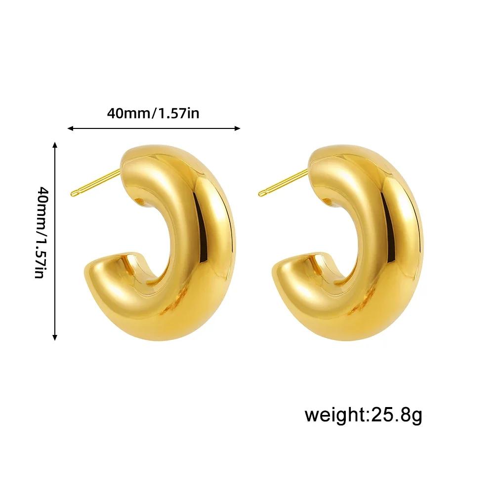 New Retro Stainless Steel Chunky C Shape Hoop Earrings Glossy Gold Plated PVD Circle Round Tube Huggie Hoops Stacked Ear Jewelry