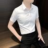 New Summer Fashion Handsome Casual Stripe Versatile Short Sleeved Shirt Men's Solid Lapel Button Slim High End Simple Tops