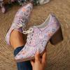 New Spring High-heeled Printed 4 Front Lace-up Thick-heeled Women's Single Shoes