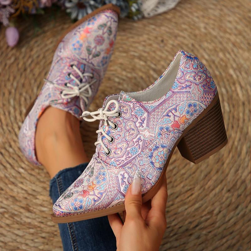 New Spring High-heeled Printed 4 Front Lace-up Thick-heeled Women's Single Shoes