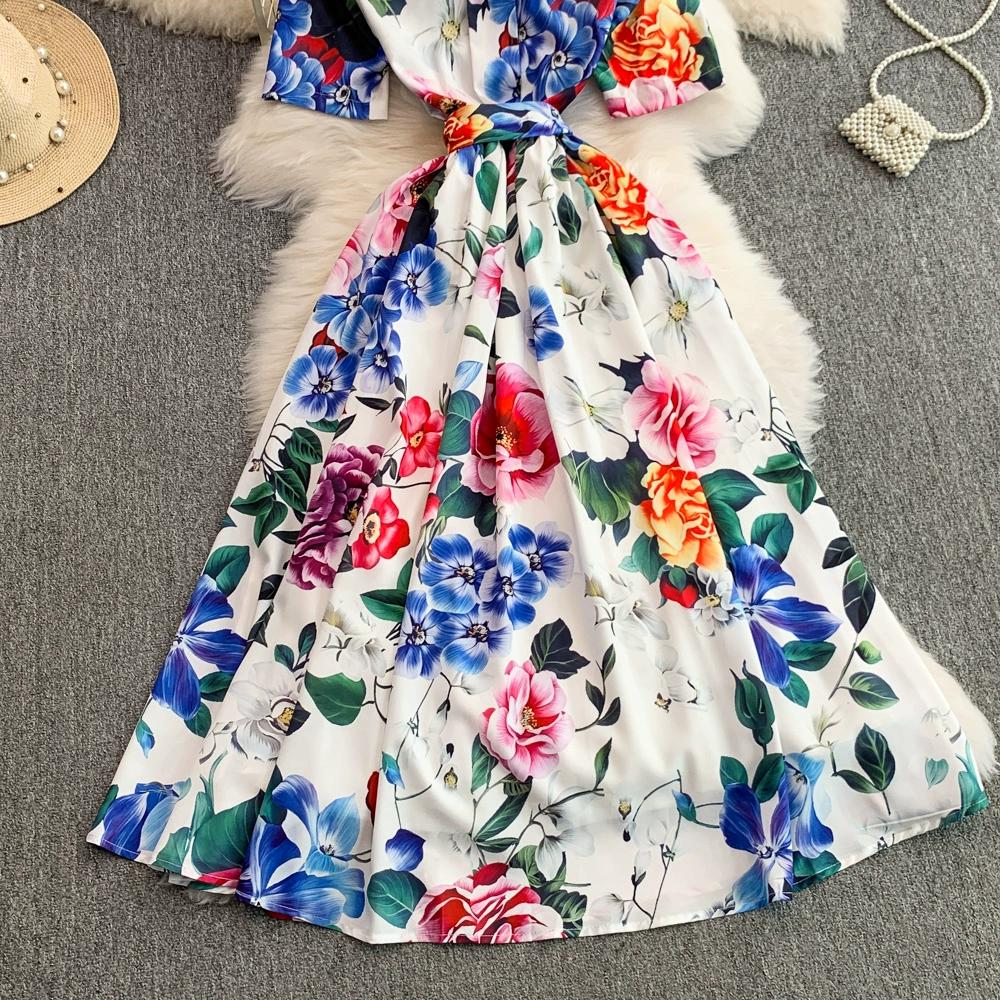 Summer Women Designer Print Runway Dress Elegant Turn-down Collar Office Work Midi Lace-up Shirt Dresses