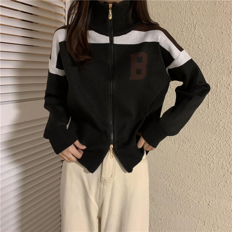 Hong Kong Style Color Block Double Zipper Knit Cardigan - Women's High Neck Long Sleeve Sweater for Spring & Autumn Versatile Top