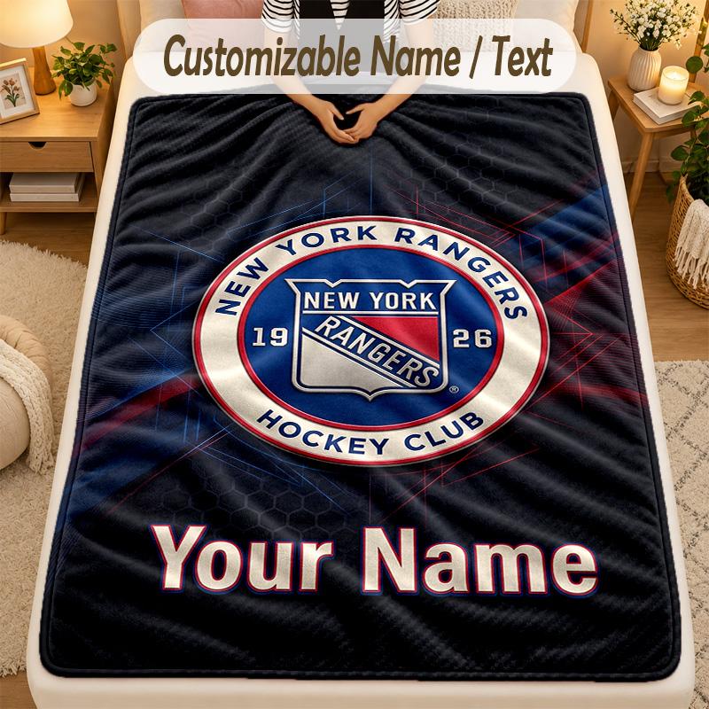 Flannel BlanketNew York Rangers Custom Name Text Personalized Soft Warm Throw Blanket Home Decor Gift