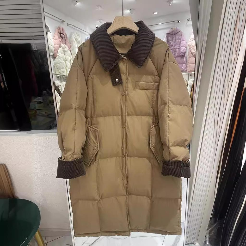Medium and Long Down Jacket Women's New Splicing Corduroy Lapel Thickened Winter Coat