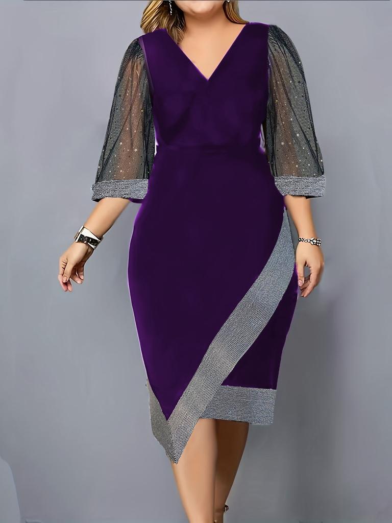 European and American new temperament commuter slim mesh splicing short-sleeved V-neck dress