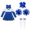 Mädchen Langarm Kontrastfarbe Glitzernde Pailletten Cheerleading Kleid Schleife Kopfschmuck Handblumen Gestreifte Socken Performance Set