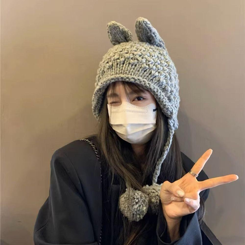 Hand-crocheted Y2k Knitted Hat New Design Ear Protection Hat Fashion Rabbit Ear Knit Hat  Girls