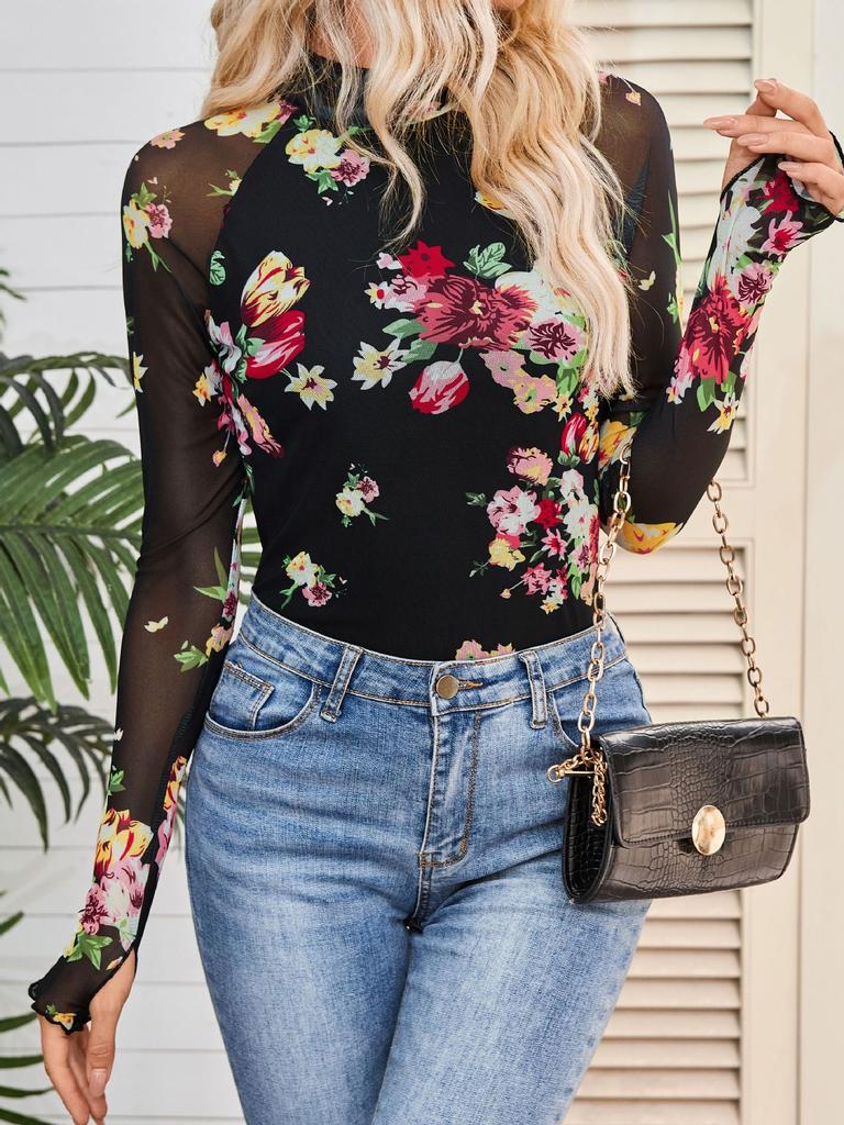 Women's Floral Print Mesh Long Sleeve Top