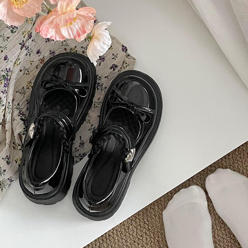 Black French retro bow platform small leather shoes women's 2025 new summer versatile skirt Mary Jane shoes