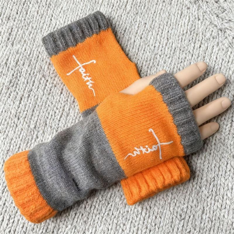Gants en tricot sans doigts avec broderie de chat et patchwork, Gants décontractés ouverts aux doigts tendance pour femme, Mitaines chaudes d'hiver sans doigts