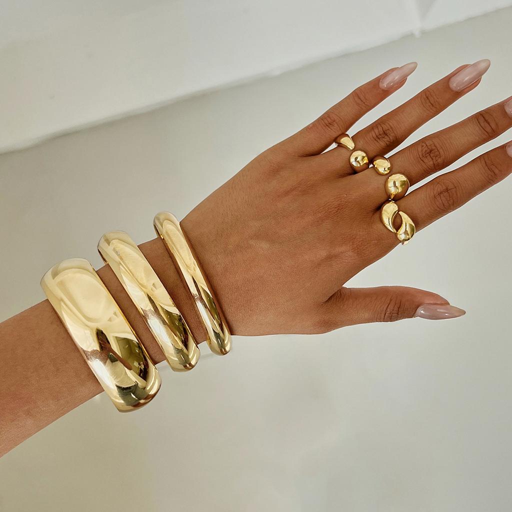 Fashion Metal Glossy Plain Ring Bracelet Set Bracelet Personality Simple Geometric Wide Bracelet Women