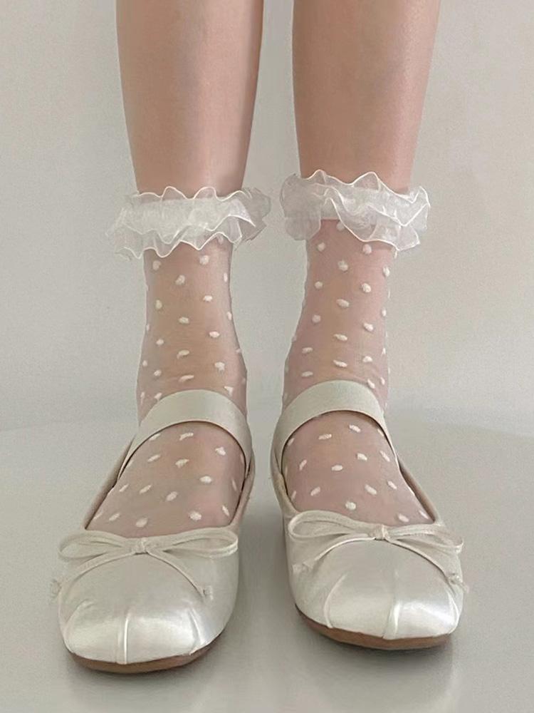 3 Paar Spitzen-Spitzen-Mittelschaftsocken Damen Netz-Pünktchen Schwarzpilz-Rand Dünne Japanische Kurze Socken Süße Glasfaser-Socken