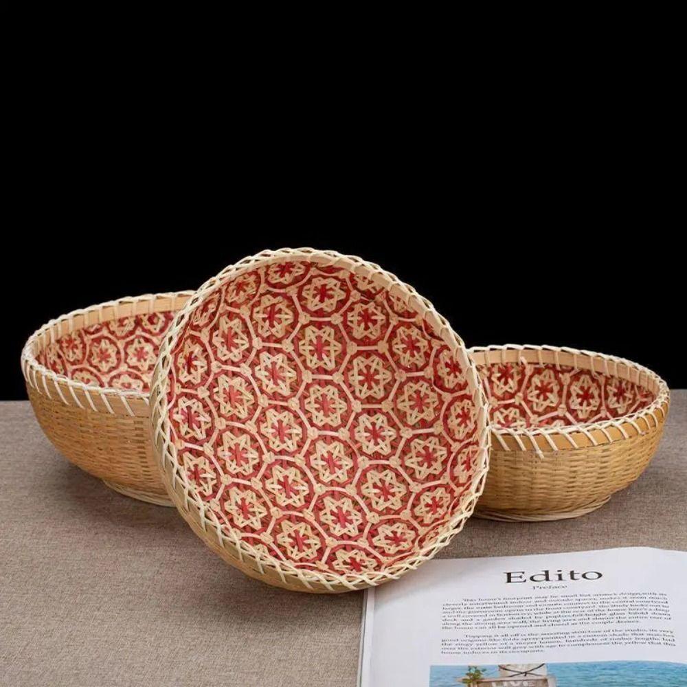 Sturdy Bamboo Storage Basket Handmade Fruit  Serving Tray Hand Woven Basket  Office