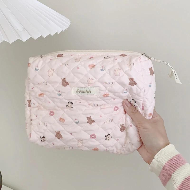 Quilted Cotton Ladies Travel Storage Bag Retro Cherry Women's Cosmetic Bags Cute Design Girls Pencil Case Makeup Bag Handbags