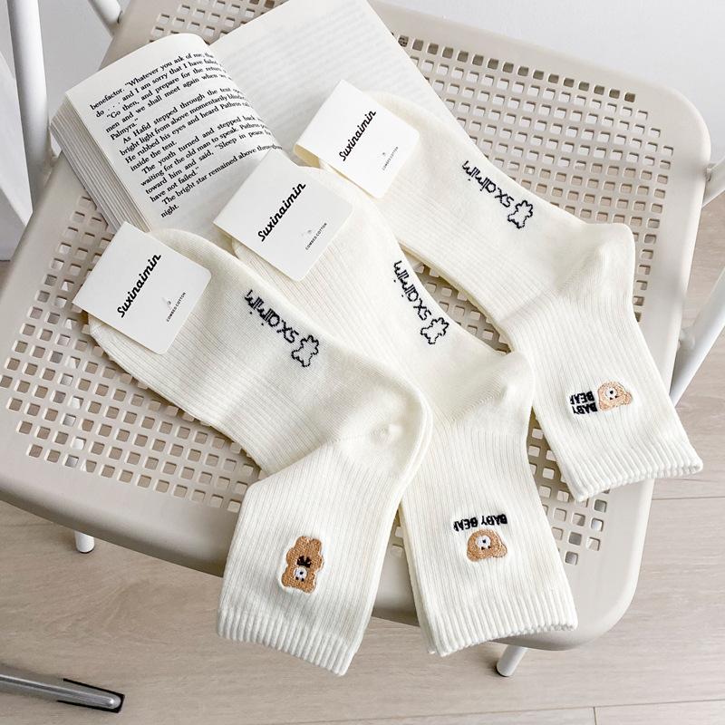5 Pairs of Female Spring and Summer Cute Cartoon Letter Bear Tube Cotton Socks