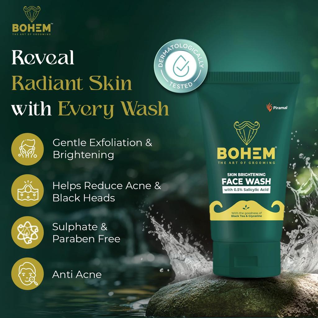 BOHEM Skin Brightening Face Wash for Men 100ml Pack of 1 Anti Acne Glowing Skin Cleanser Black Tea Extract & Glycerine