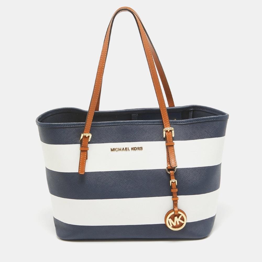 

Michael Kors Leather Stripe Jet Set Travel Tote navy