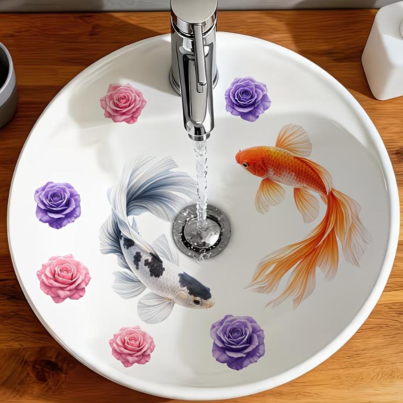 Lucky Koi And Floral Washbasin Sticker Self-Adhesive Waterproof Removable Bathroom Sticker, Wall Bathroom Sink Decal Home Decor