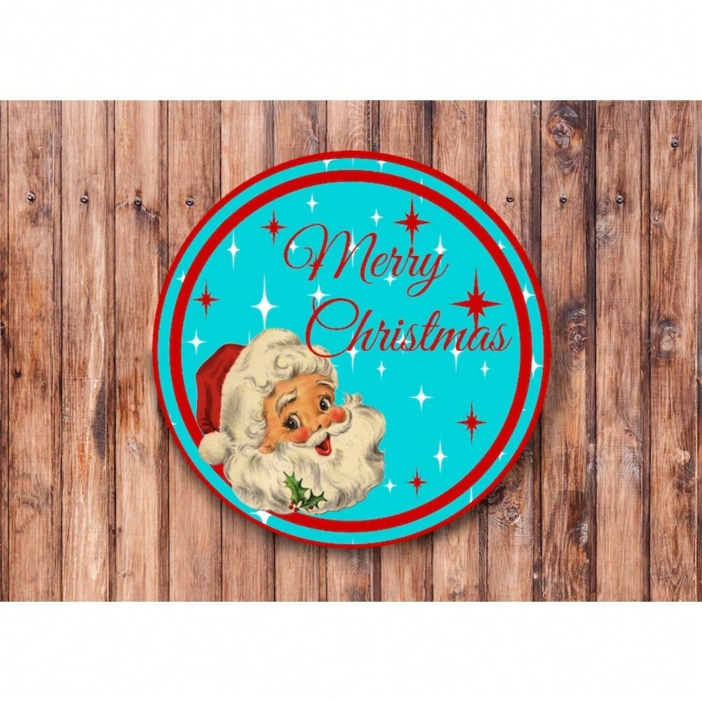 Merry Christmas Santa Vintage Teal Red Wreath Metal Sign, Home Wall Decor for Living Room Bedroom Bathroom Kitchen