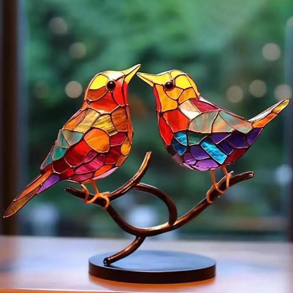 1PC Stained Metal Art Bird Ornament Birds Standing on Branch Ornaments for Home Decor Desktop Office Living Room Bedside Gifts