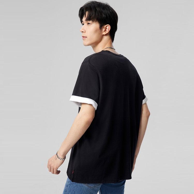 Levis Color Block Letter Print Cotton Crew Neck Short Sleeve T-Shirt Men Tops Black 16143-0084