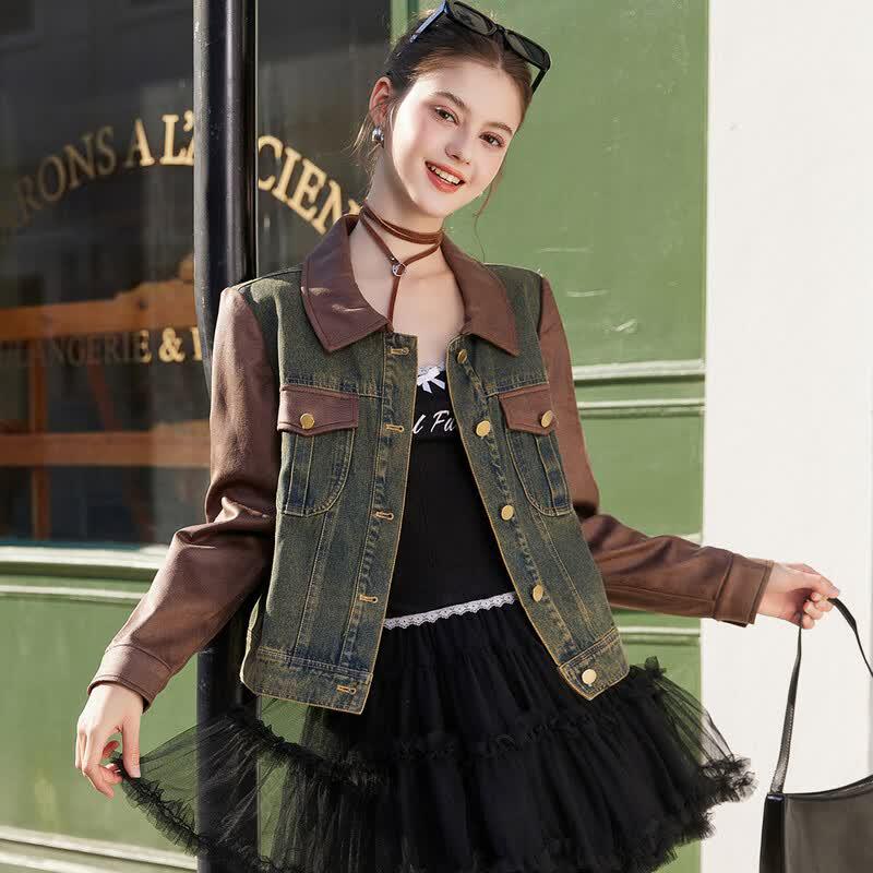 White Deer Language Retro Color-block Denim Lapel Jacket XL