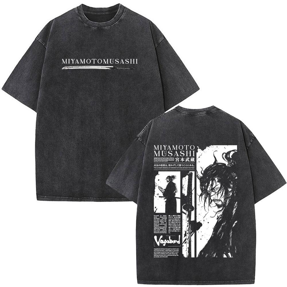 Anime Vagabond Miyamoto Musashi Vintage Washed Tshirts Men Women Clothing Fashion Casual Short Sleeve Oversized ONeck T Shirts