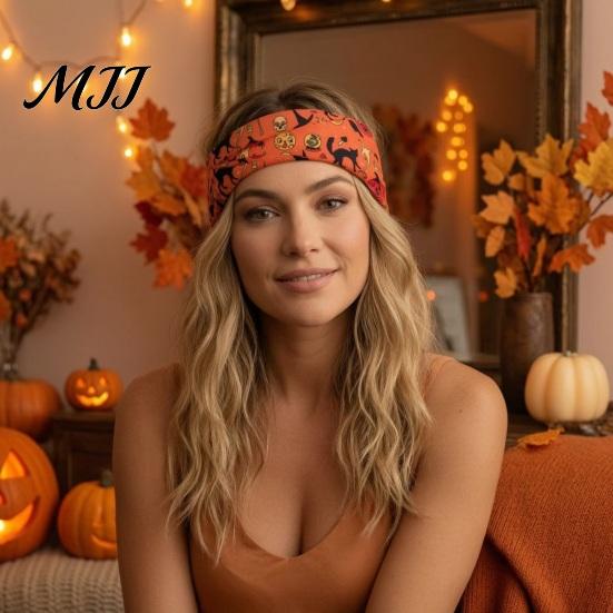 Halloween Sports Accessory Headbands for Women, Cute Pumpkin Ghost Bat Cat Skeleton Wide Hair Bands, Skull Headband Breathable Stretchy Non-Slip
