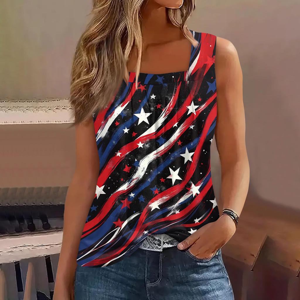 Square Collar Tank Top Women Print Tank Tee Casual Loose Fit Sleeveless Shirt