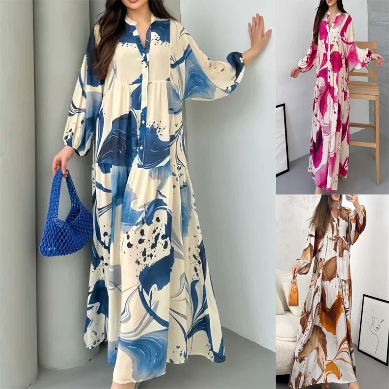 European and American new, printed dress loose casual long-sleeved temperament v-neck long dress women