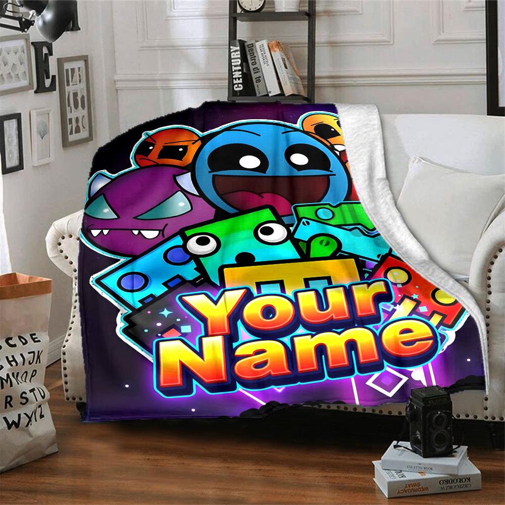 1pc Geometry Dash Blanket with Custom Name, Gift, for Men and Women, Soft Blanket, Good for Sofa Bed Couch Travel, Lightweight Flannel Blanket