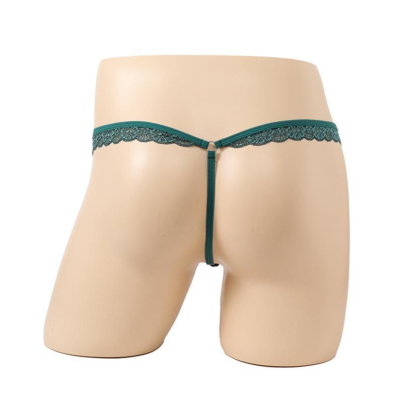 Men'S Sexy Low Rise T-Back Thong G-String Hollow Out Bulge Pouch Panties Lace Trim Belt Sissy Lingerie Naughty Male Nightwear