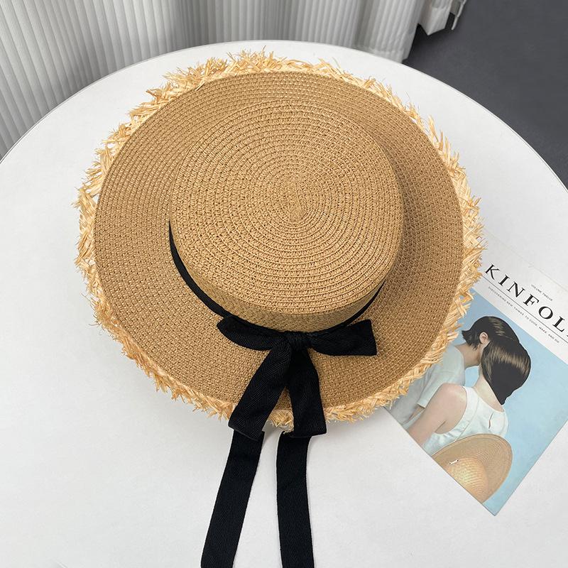 Summer Eaves Anti-UV Shade Flat Top Straw Bow Fringed Hat Female