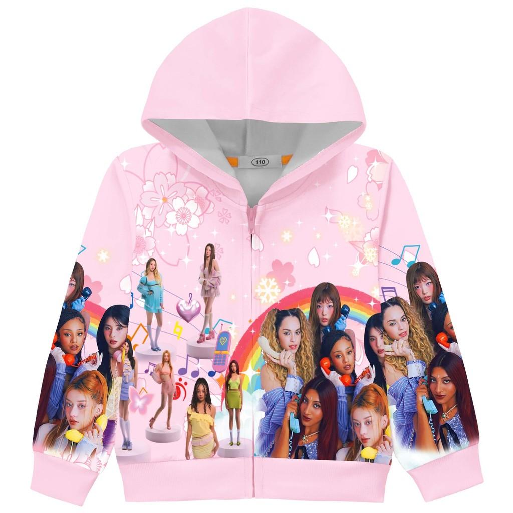 

36378 Kids Girls KATSEYE Printed Long Sleeves Hooded Zipper Coat Jacket 150cm рожевий