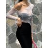 Fashion Spring/Summer One-Shoulder Cold-Shoulder Sexy Mesh See-through Crop-Top Short Top Nightclub Long Sleeves T-shirt Sun Protection Shirt Women