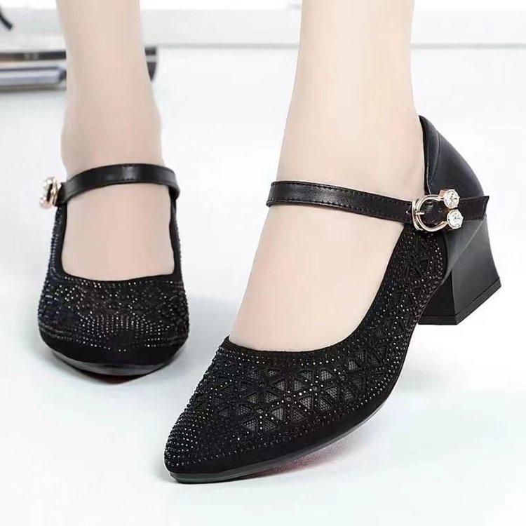 Summer Breathable Single Shoes Sandals Female Mid-heeled Sandals Mesh Sandals Cave Shoes Hollow Breathable Single Shoes Thick with Soft Bottom Shoes