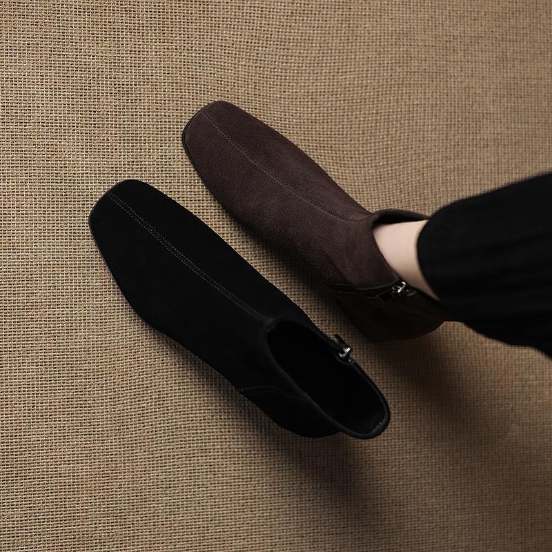 Krazing Pot 2026 cow suede nubuck Winter Square Toe Chunky Heels Chelsea Fashion Boots Women Zip Retro Women Ankle Boots