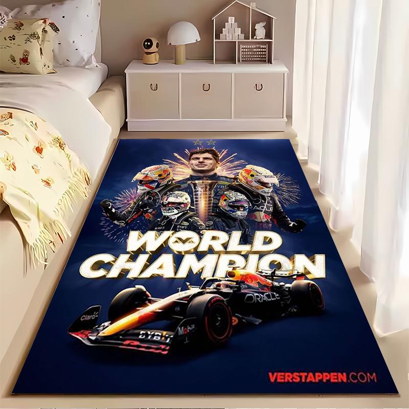 Sports Area Rug, Max Verstappen World Champion 2 Trophy Fireworks Poster, Fan Cave Decor, Non-Slip Mat