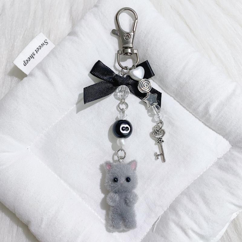 

1 шт. Y2K Брелок с бантом, милый мультяшный брелок с флокированным котом для женщин, девочек, подвеска для украшения сумки, рюкзака, подарок серый