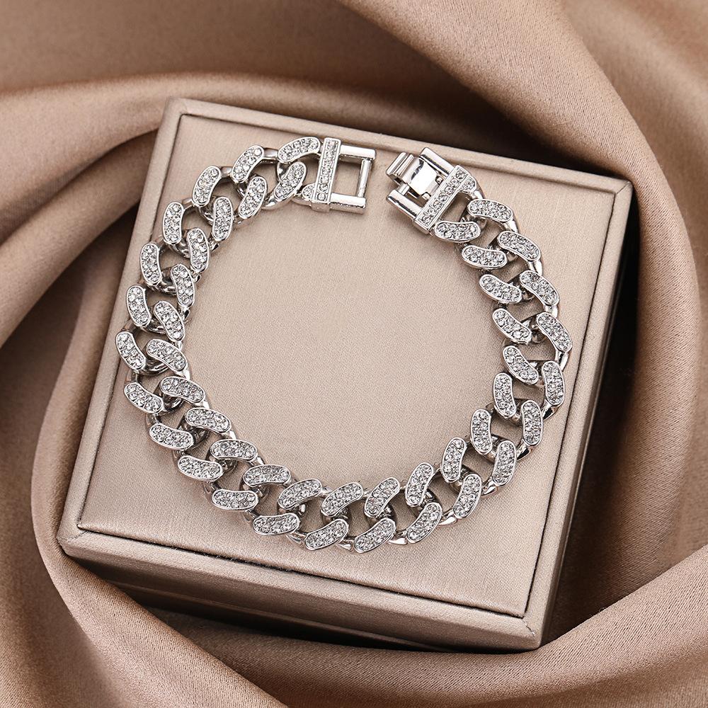 European and American underground Cuban bracelets men s jewelry diamond-encrusted alloy hip-hop bracelets electroplated couple hand jewelry